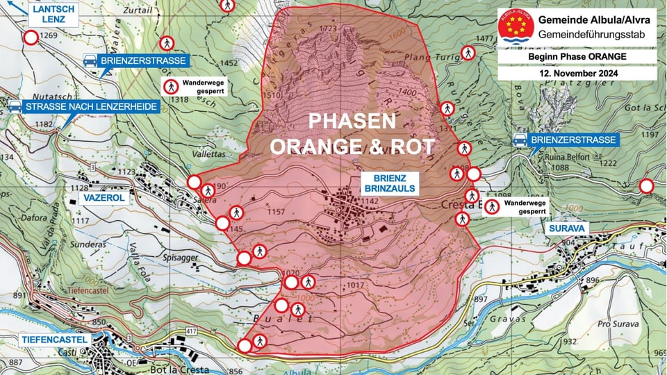 Landkarte mit markiertem Bereich für Phasen Orange & Rot.