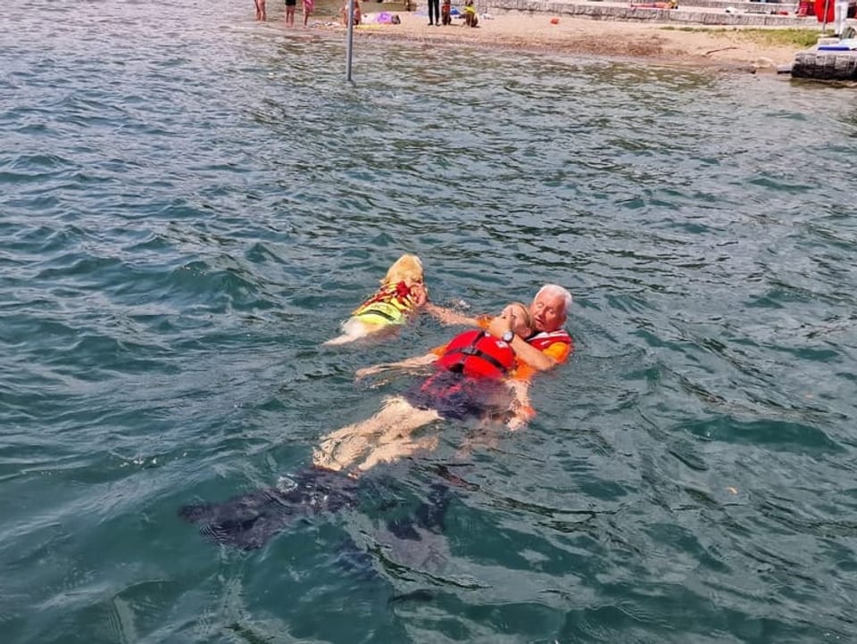 Ein Rettungshund zieht zwei Menschen im Wasser