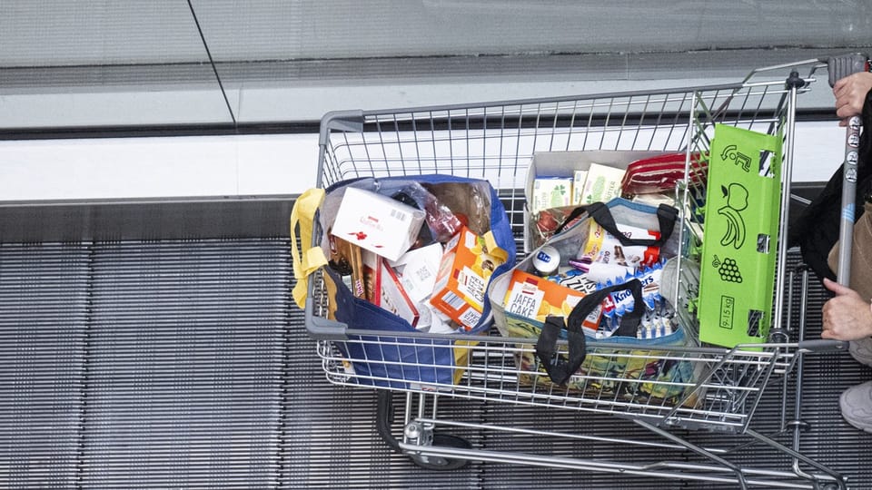 Einkaufswagen voller Lebensmittel auf einem Laufband.