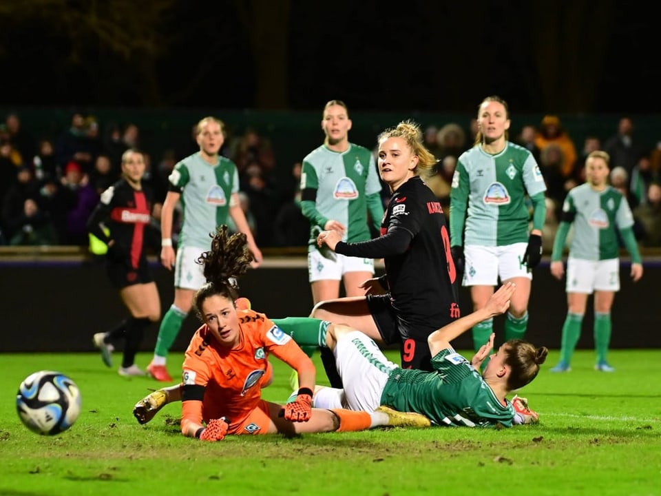 6 Spielerinnen schauen dem Ball nach.