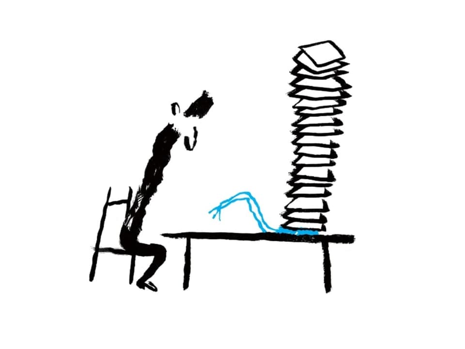 Zeichnung Mann an Tisch, darauf stapeln sich Papiere, darunter blaue Schlange.