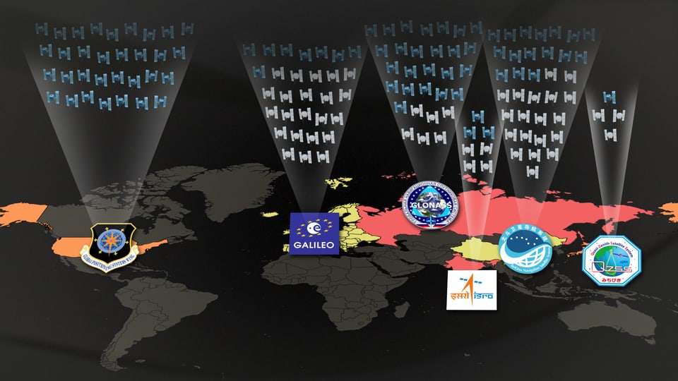 Grafik der sechs Programme mit ihren betriebenen und geplanten Satelliten.