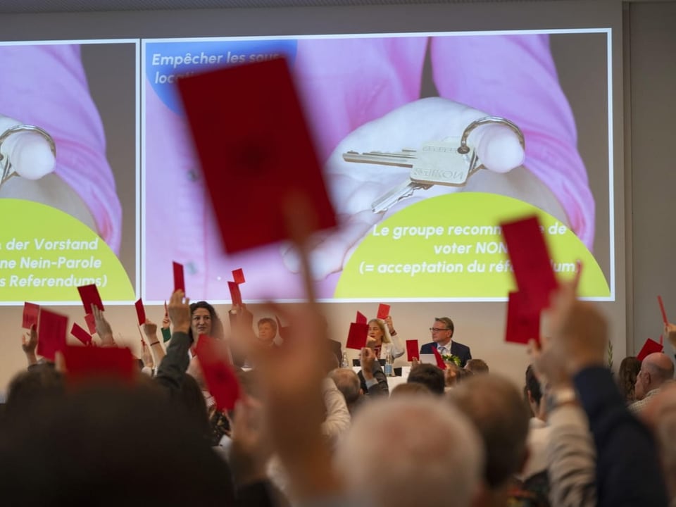 Menschen halten rote Karten während einer Abstimmung hoch, im Hintergrund eine Projektion mit Schlüsseln.