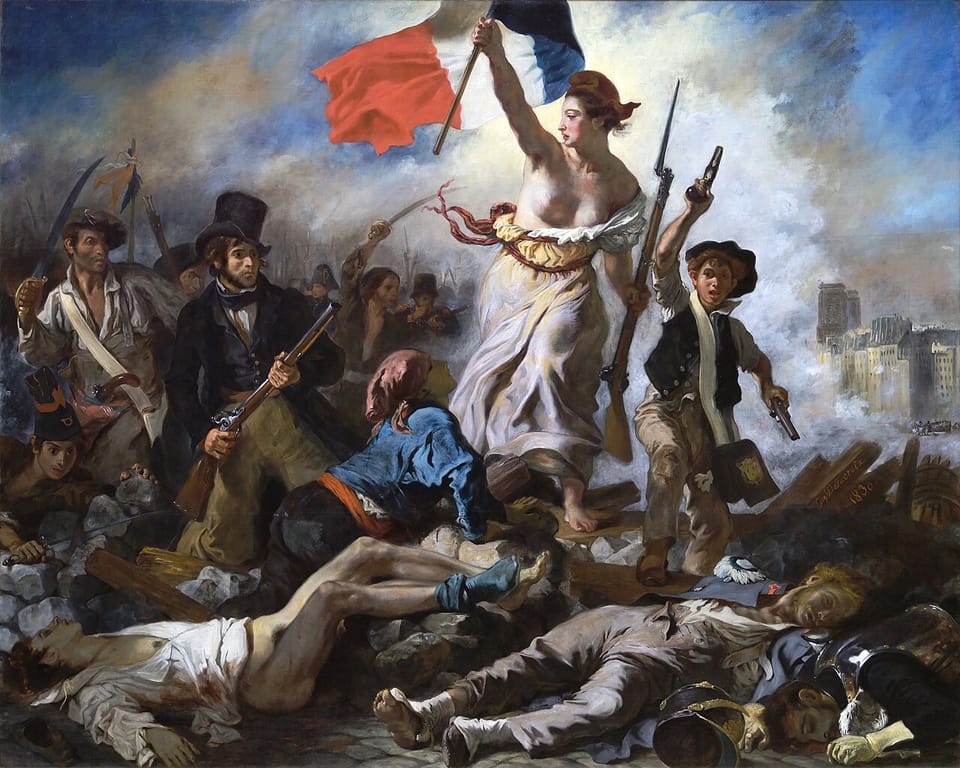 Historisches Gemälde, Frau mit Frankreich-Flagge vor aufgebrachten Menschen