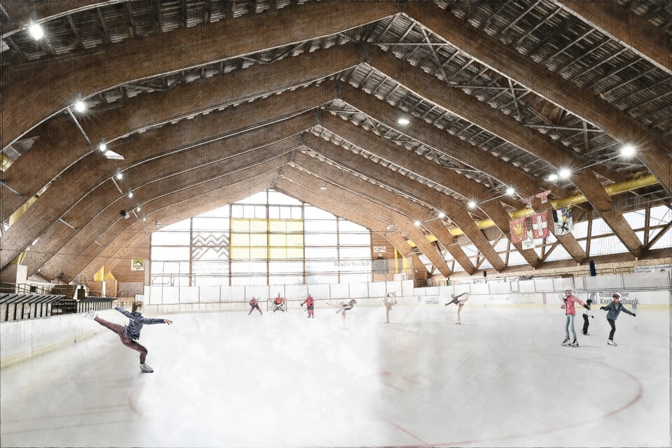 Schlittschuhläufer in einem überdachten Eislaufstadion.