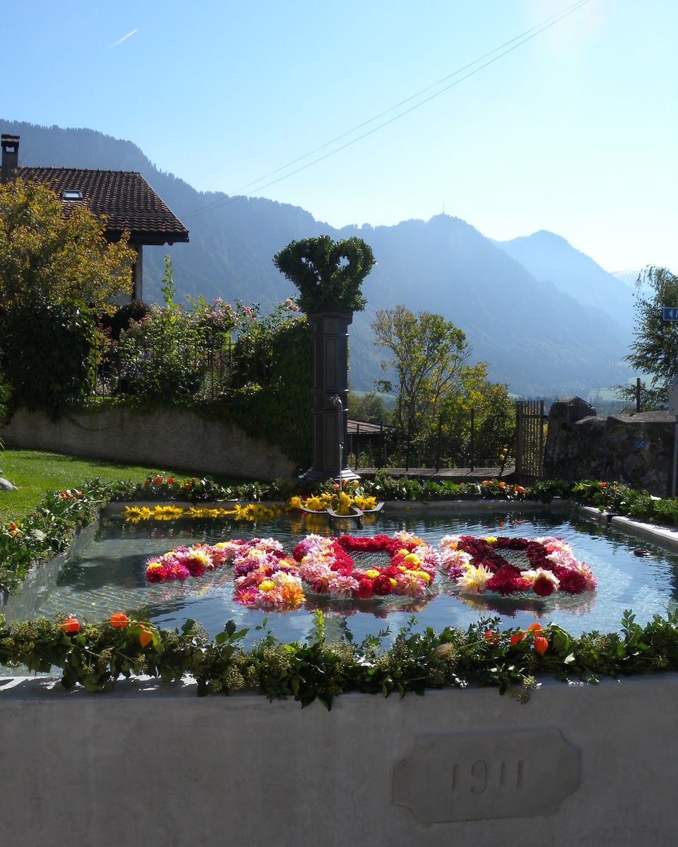 Im Dorfbrunnen schwimmen Blumen, angeordnet als Zahl 100.