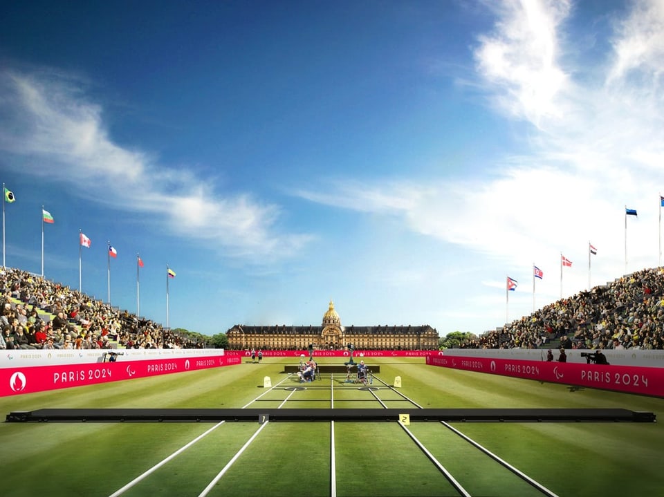 Tennisplatz bei den Paris 2024 Olympischen Spielen mit Zuschauern.