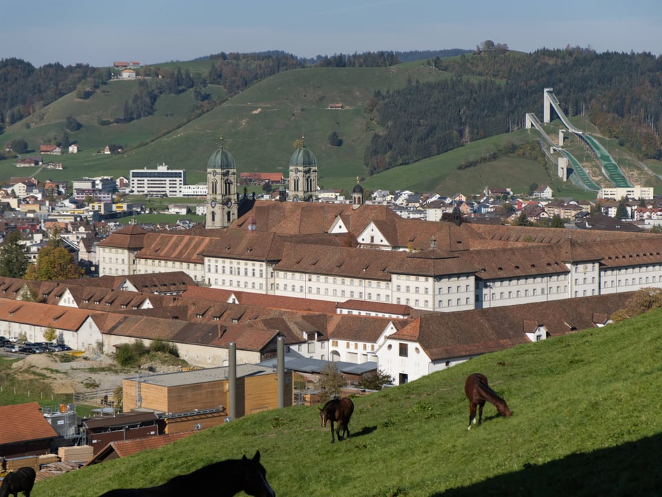 Klosteranlage in hügeliger Landschaft mit grasenden Pferden.