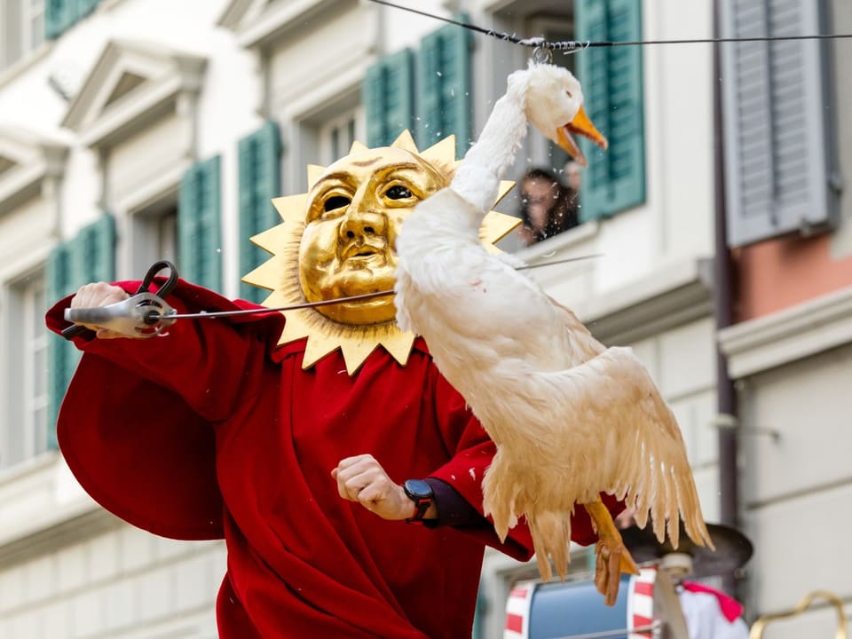 Person mit Sonnenmaske hält Gans bei Strassenumzug.