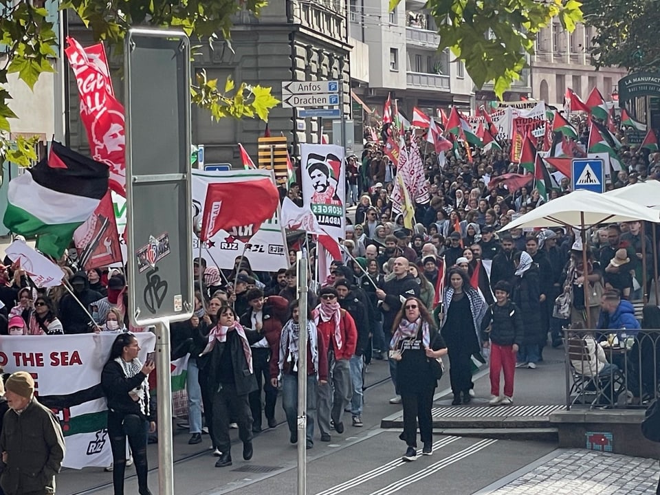 Grosse Menschenmenge bei einer Demonstration mit Bannern und Fahnen auf der Strasse.