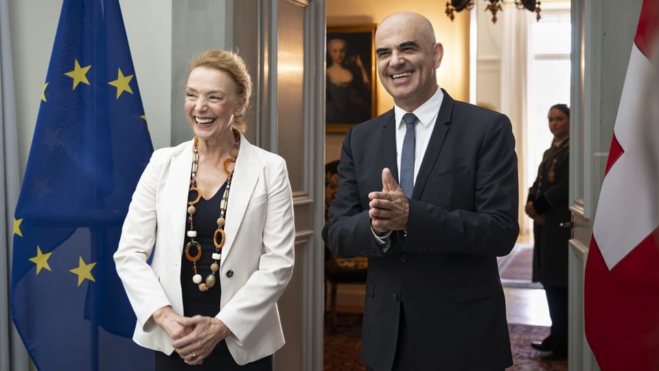 Marija Pejcinovic Buric und Alain Berset lächeln in formeller Kleidung neben einer EU-Flagge und einer Schweizer Flagge.