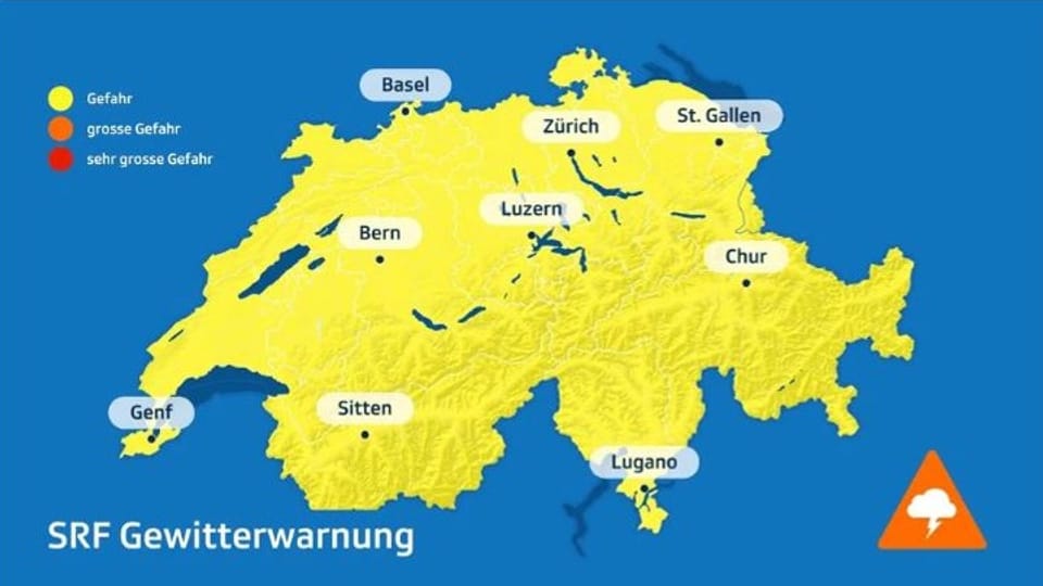 Karte der Schweiz mit Gewitterwarnungen für verschiedene Städte.