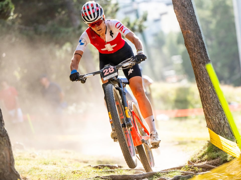 Mountainbiker in Aktion auf Waldpfad.