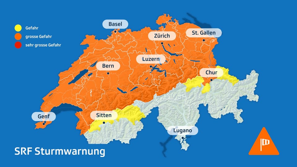 Wetterkarte der Schweiz mit Sturmwarnungen in verschiedenen Farben.