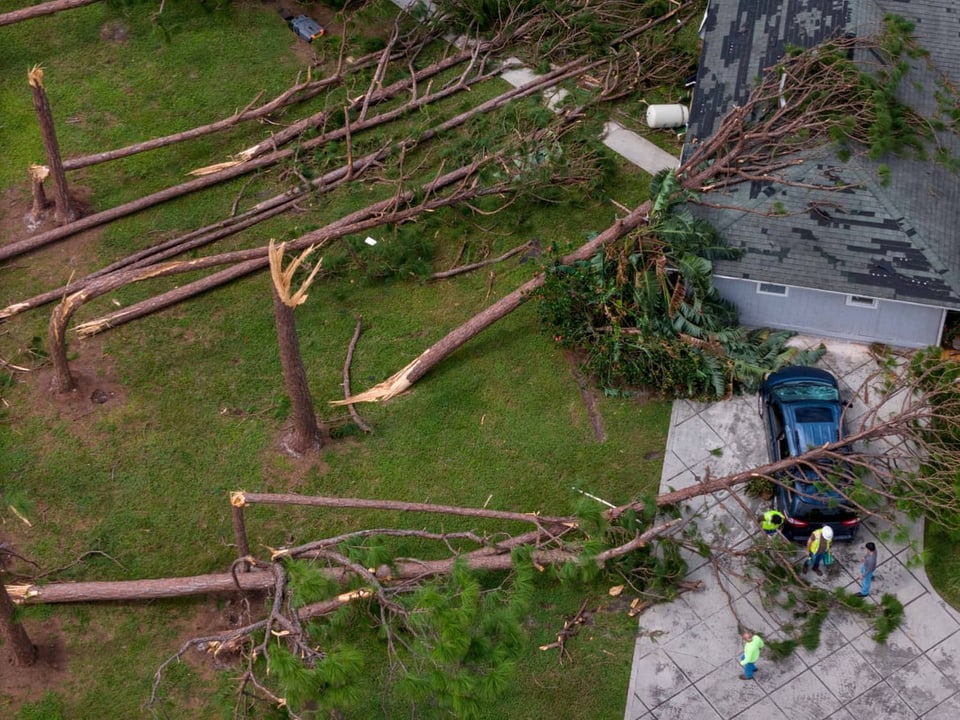 Umgestürzte Bäume neben einem Haus nach einem Sturm.