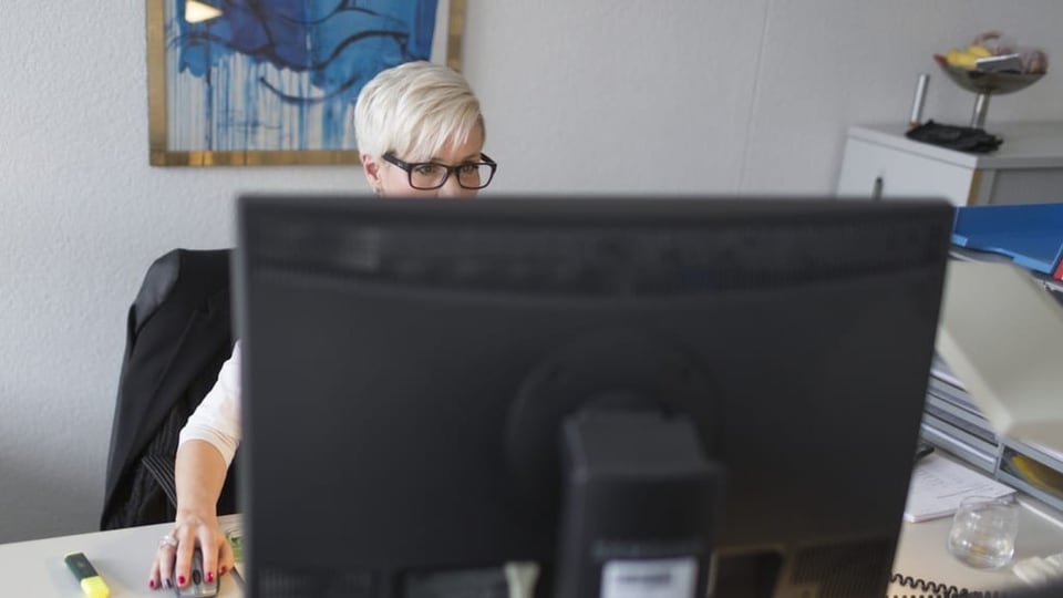 Eine Frau sitzt hinter einem Computerbildschirm.