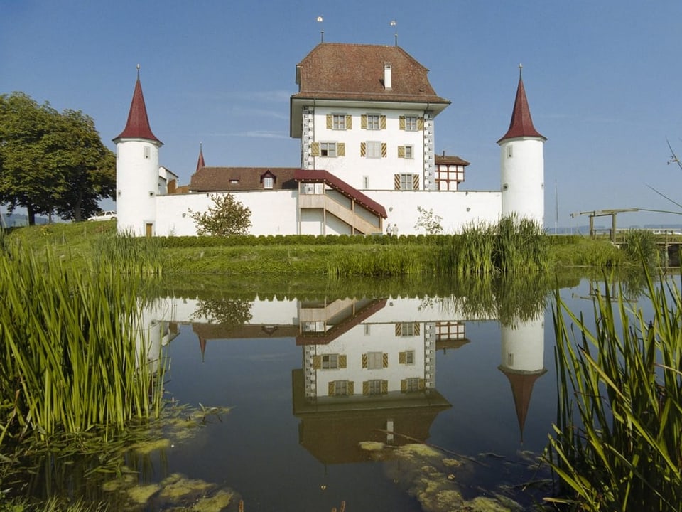 Ein prächtiges weisses Schloss mit Türmchen und Mauer steht an einem Gewässer.