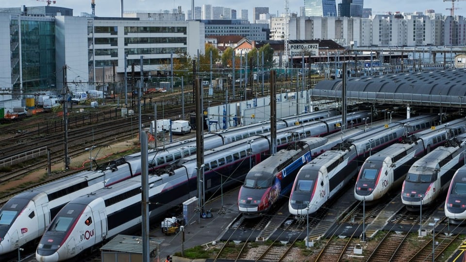 Mehrere Züge von TGV stehen auf den Gleisen. 