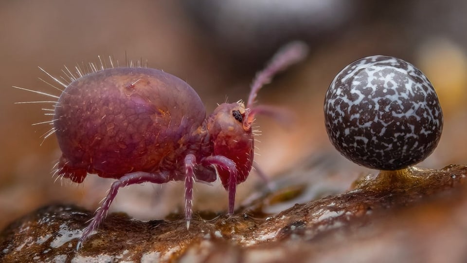 Nahaufnahme eines rosafarbenen Gliederfüssers neben einem kugelförmigen Pilz.