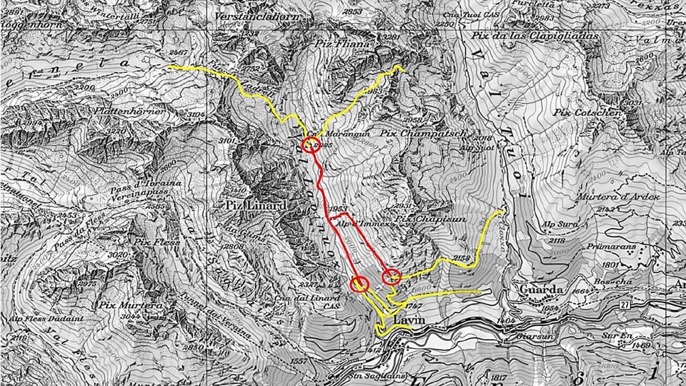 Kartenausschnitt von der Region Lavin. Eingezeichnet sind die gesperrten Wege. 