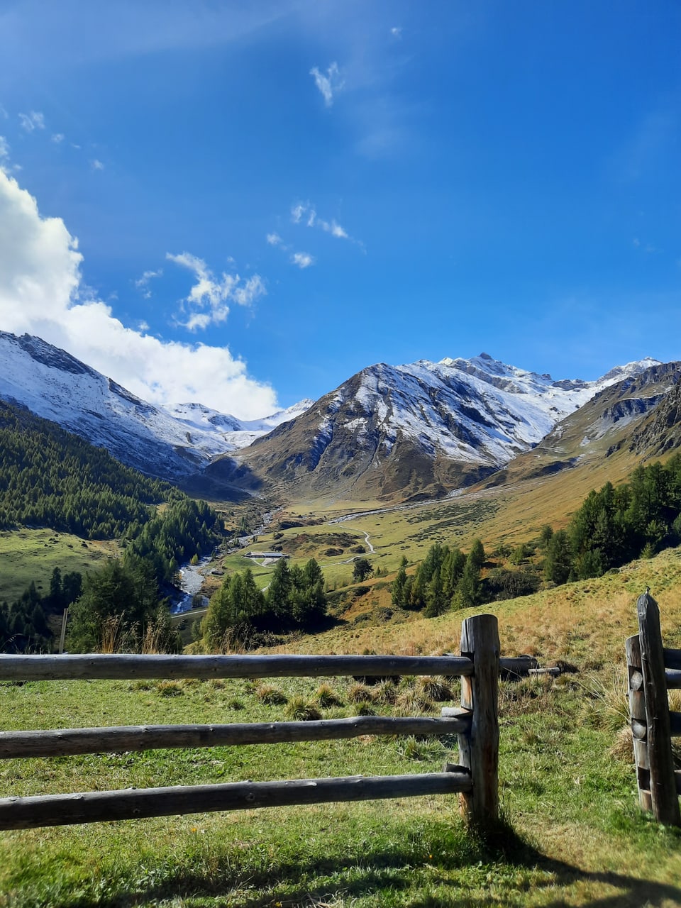 Landschaft mit schneebedeckten Bergen und Wiesen.