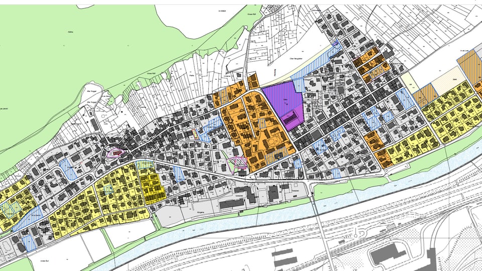 Stadtplan mit farblich hervorgehobenen Gebieten.