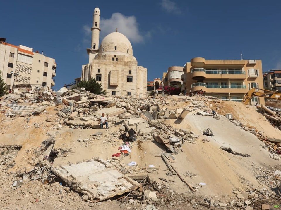 Zerstörter Gebäudekomplex mit Moschee im Hintergrund.