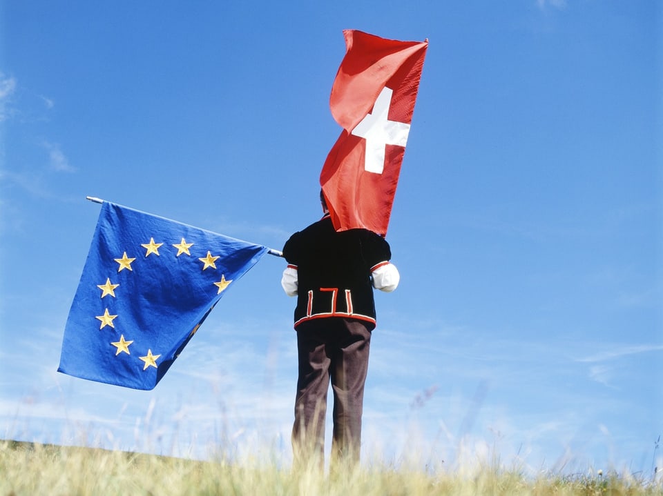 Person mit Schweizer und EU-Flagge auf Wiese vor blauem Himmel.