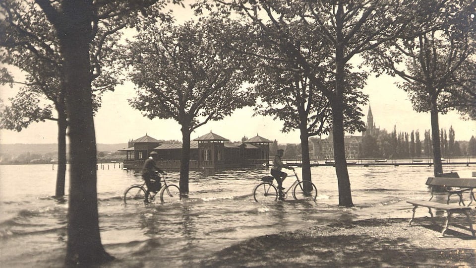 Zwei Menschen fahren bei Hochwasser auf Fahrrädern durch überflutete Allée.