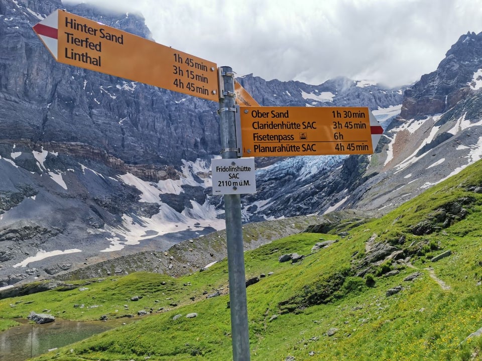 Wegweiser in den Schweizer Alpen mit Richtungshinweisen zu verschiedenen Zielen vor einer Berglandschaft.