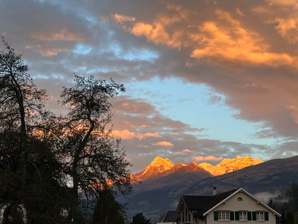 Glühende Bergspitzenn bei Sonnenaufgang mit Wolken und Bäumen im Vordergrund.