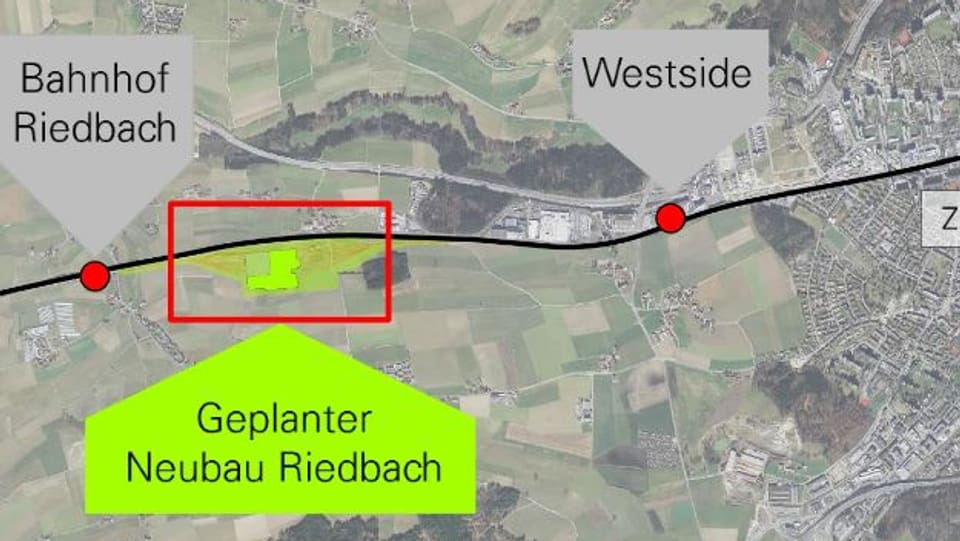 Ein grün eingezeichnetes Feld zwischen dem Westside und Riedbach wo der Neubau entsteht.
