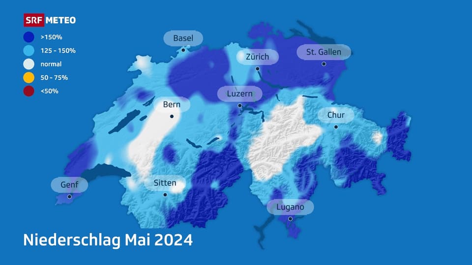 Karte der Niederschläge in der Schweiz im Mai 2024 mit farblichen Unterschieden.
