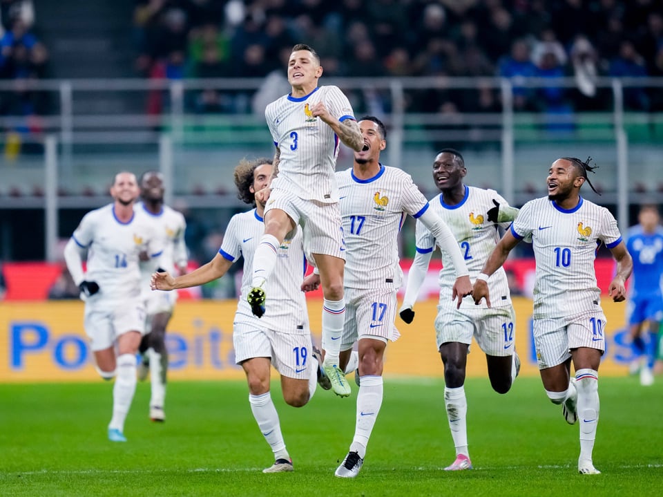 Fussballspieler der französischen Nationalmannschaft jubeln auf dem Spielfeld.