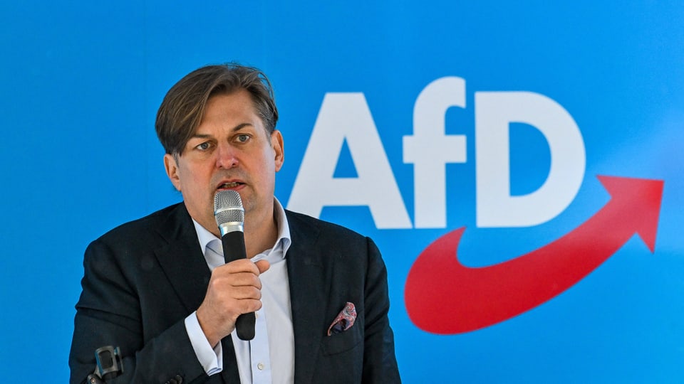 Mann hält Mikrofon vor AfD-Logo.