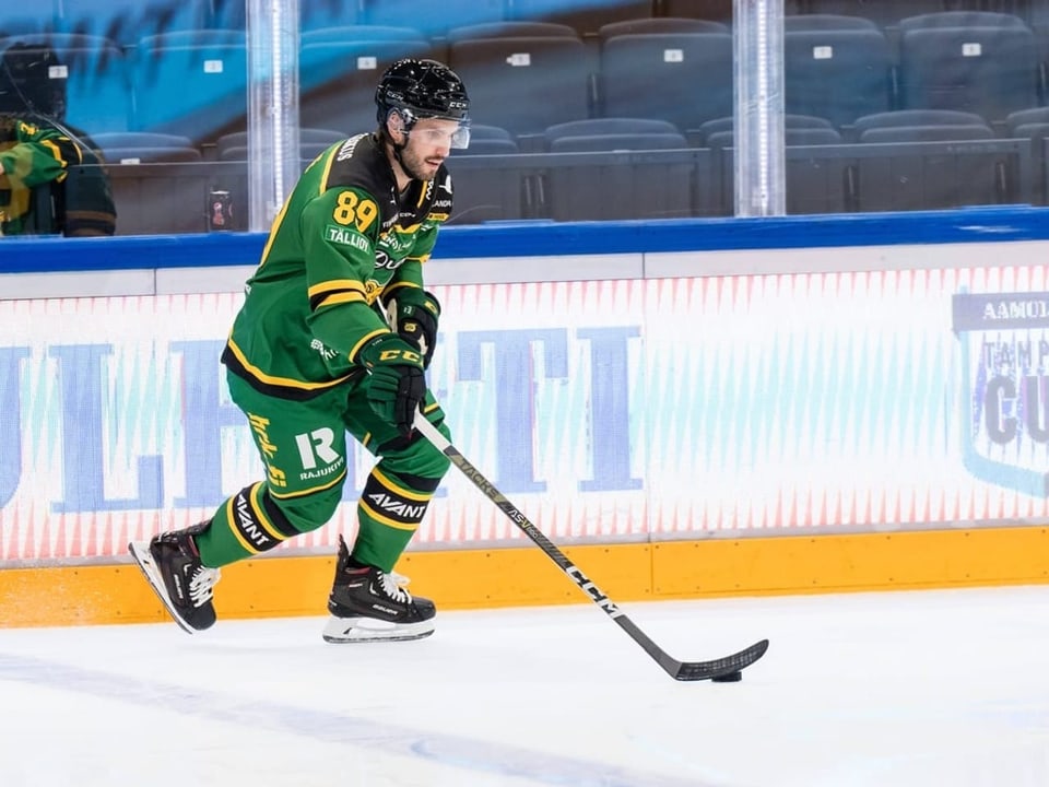 Eishockeyspieler in Grün und Schwarz während eines Spiels auf dem Eis.