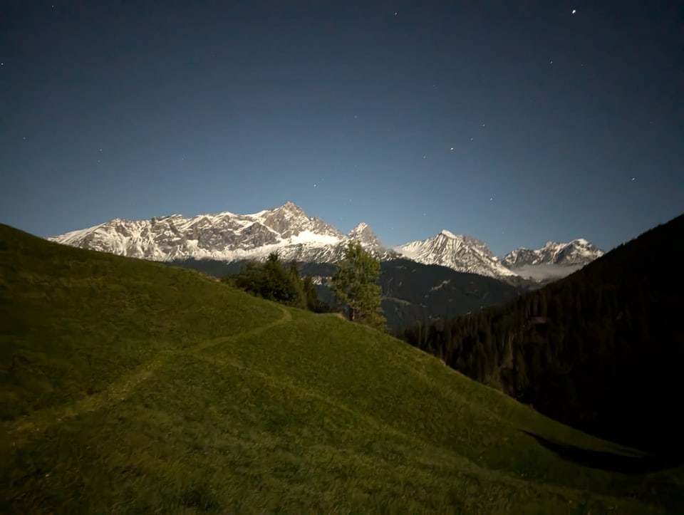 Berge im Mondlicht mit Sternenhimmel und grünem Hügel im Vordergrund.