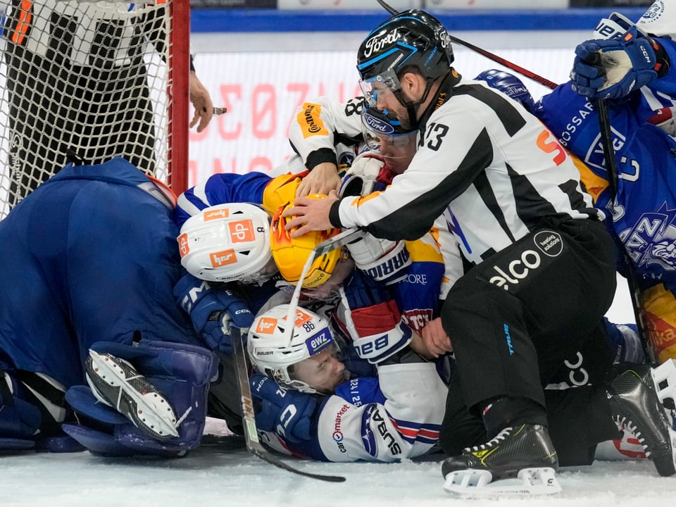 Eishockey-Spieler und Schiedsrichter in einem Gerangel vor dem Tor.