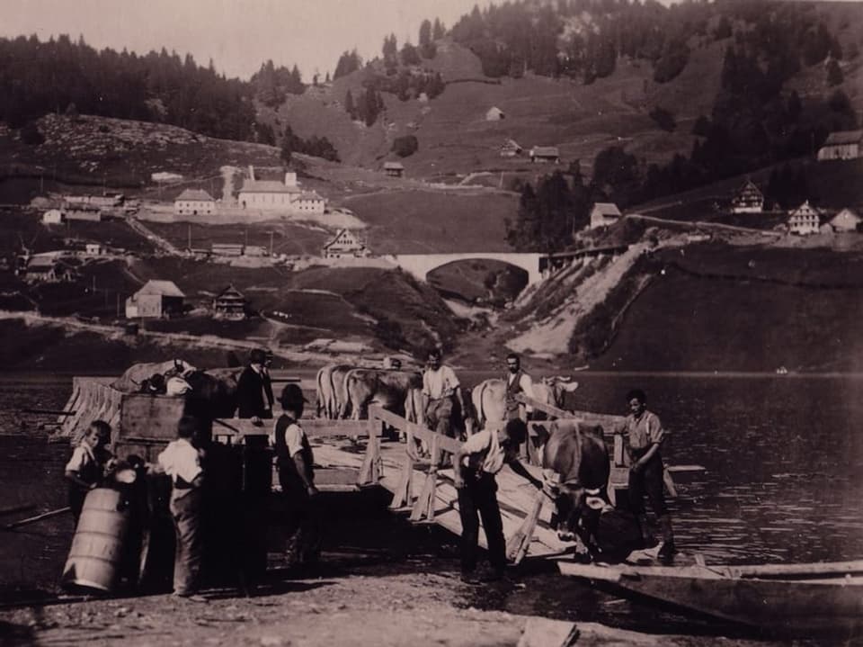 Historisches Foto von Männern, die Holzstämme mit Pferden an einem Seeufer transportieren.