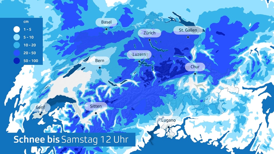 Schneekarte der Schweiz mit Vorhersage bis Samstag.