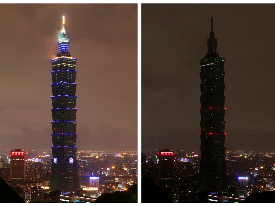 Der Taipei 101, einmal mit Lichtern, einmal fast ohne Licht.