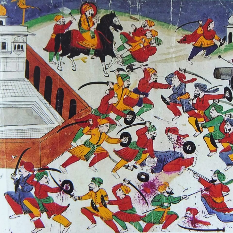 Alte Gemälde eines Schlachtfeldes zwischen Sikhs und Moghulen