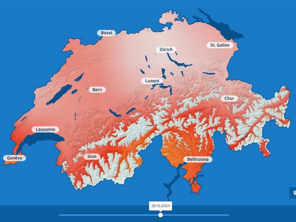 Topografische Karte der Schweiz mit Städtenamen.