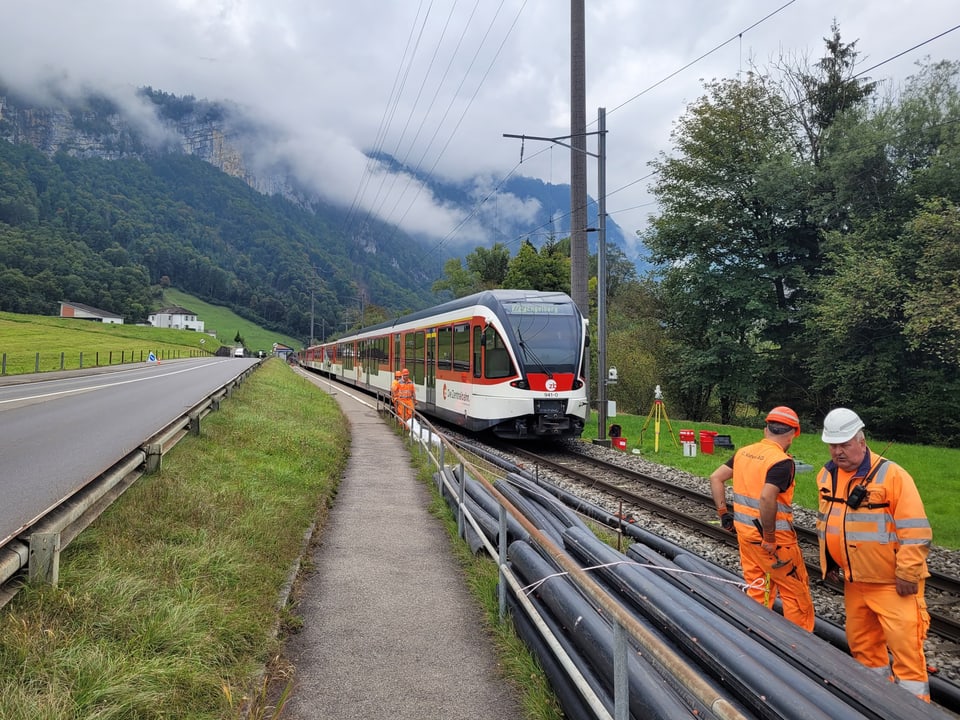 Arbeiter in orangen Sicherheitskleidern neben dem Gleis. Ein Zug fährt ein. 