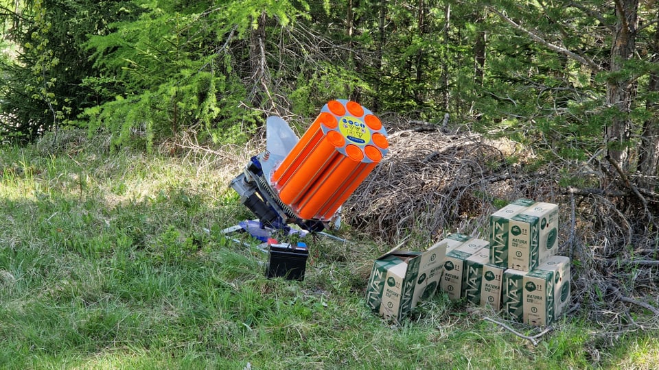 Eine Wurftaubenschiessmaschine gefüllt mit orangen Wurftauben.