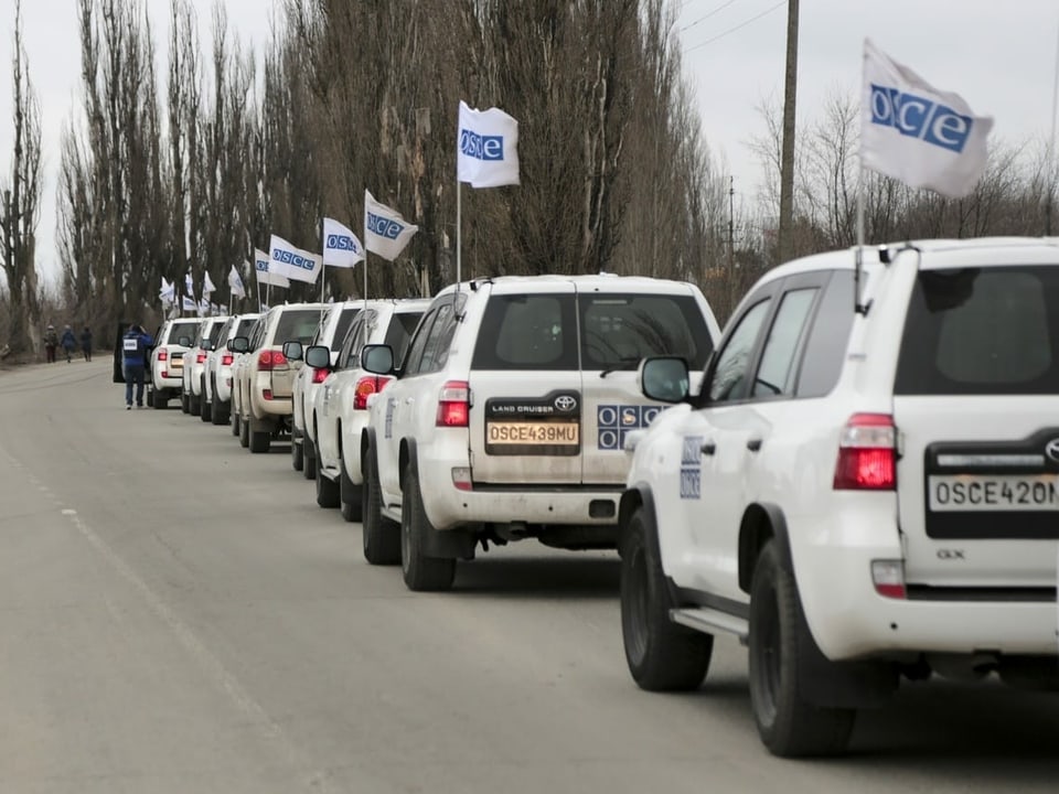 Weisse OSCE-Fahrzeuge stehen auf einer Strasse in einer Schlange.