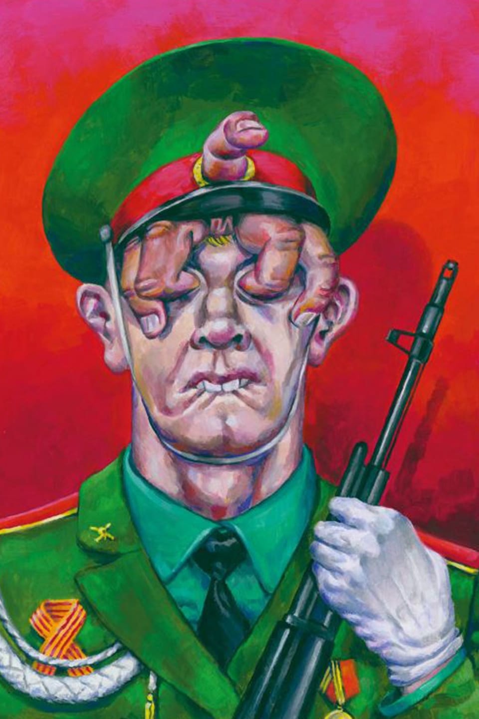 Surrealistisches Gemälde eines Soldaten mit Würsten auf den Augen.