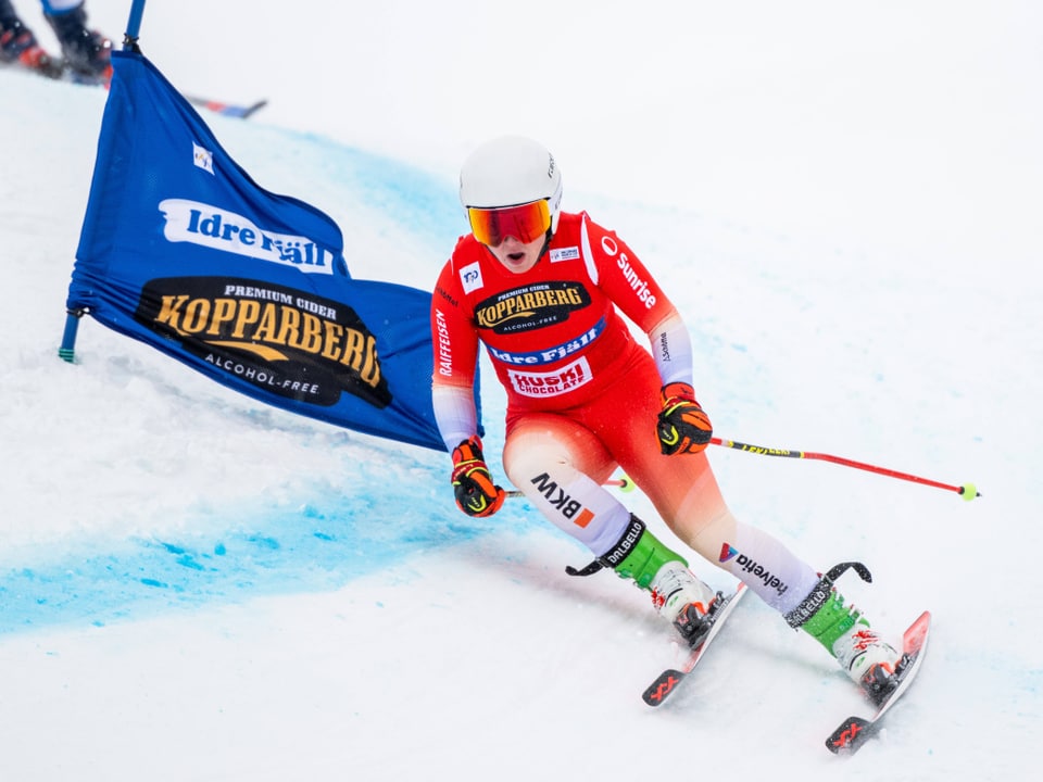 Skifahrer passiert Tor auf Rennstrecke.