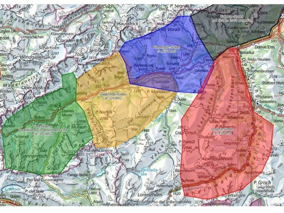 Purtret da la charta grischuna cun nudà cun colur ils territoris. Els sa chattan en Surselva fin giu tar il Calanda ed en Grischun central.