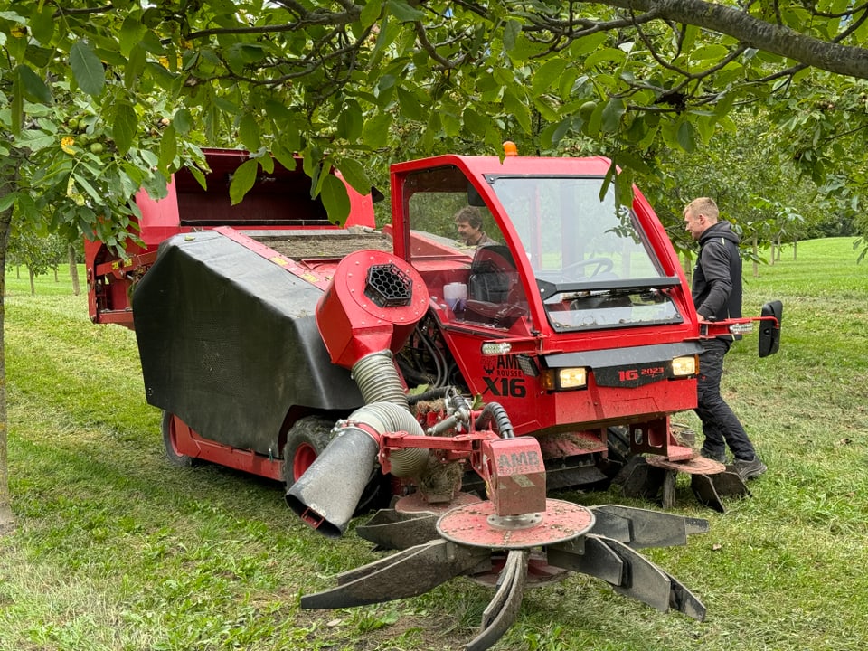 Rote landwirtschaftliche Maschine im Obstgarten.